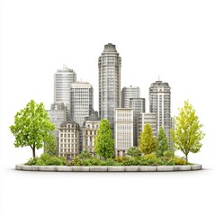 Fototapeta premium A detailed model city with skyscrapers and green trees sits on a platform.