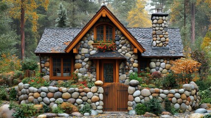 Rustic stone cottage in autumnal forest