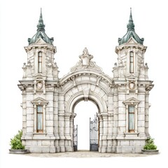 Fototapeta premium Ornate stone gate with archway and towers creates a grand entrance style.