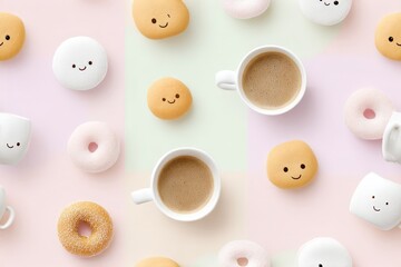 Obraz premium Whimsical coffee and donut flat lay with cute smiling faces on pastel background