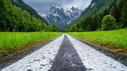 Fototapeta premium Scenic mountain road surrounded by lush green forests and snow-capped peaks in the distance