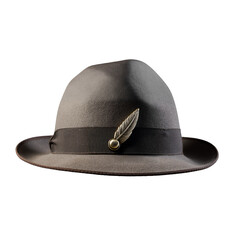 gray fedora hat with feather pin on transparent background