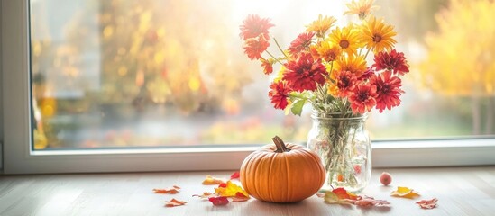Autumn kitchen interior. Red and yellow leaves and flowers in the vase and pumpkin on light background