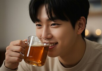 close up photo of an asian man drinking a glass of hot tea