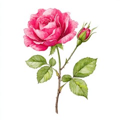 Watercolor pink rose with bud and leaves painted on a white background.