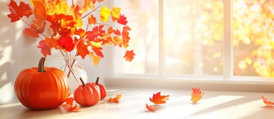 Autumn kitchen interior. Red and yellow leaves and flowers in the vase and pumpkin on light background