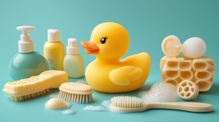 Baby bath accessories. Child care. Miniature yellow rubber duckling for bathing with a brush and shampoo bottles.