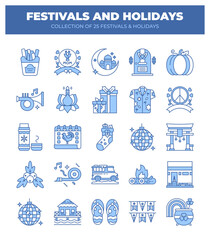Collection of 25 Festivals and Holidays. Icons and Line Art