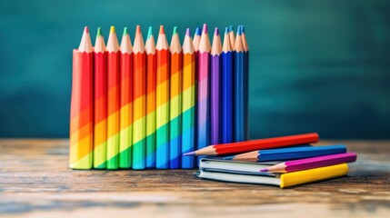 Back to school background with colorful pencils, book and rainbow on wooden table.