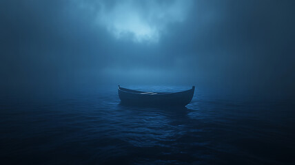 Fototapeta premium A lonely rowboat drifting on dark waters under a mysterious cloudy night