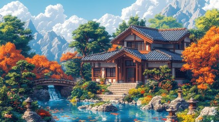 Tranquil Japanese-style home nestled in a lush, autumnal garden