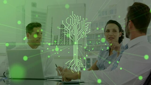 Business team clicking laptop starting presentation with animated circuit-tree rising over chart