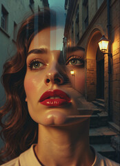 Woman's Face Double Exposed with European City Alley at Night