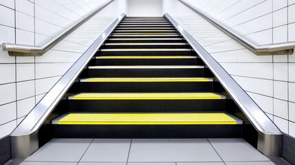Obraz premium Modern escalator with yellow steps and sleek metal handrails in a contemporary setting