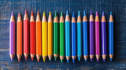 Back to school background with colorful pencils, book and rainbow on wooden table.