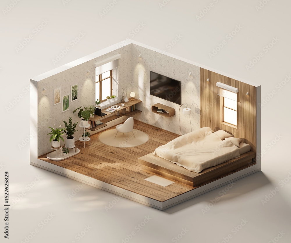Poster isometric view bed room open inside interior architecture 3d rendering digital art