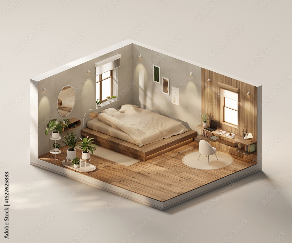 Poster isometric view bed room open inside interior architecture 3d rendering digital art