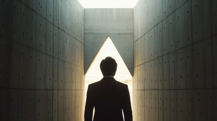 Back view of businessman silhouette in abstract concrete interior with upward arrow opening. Success, financial growth