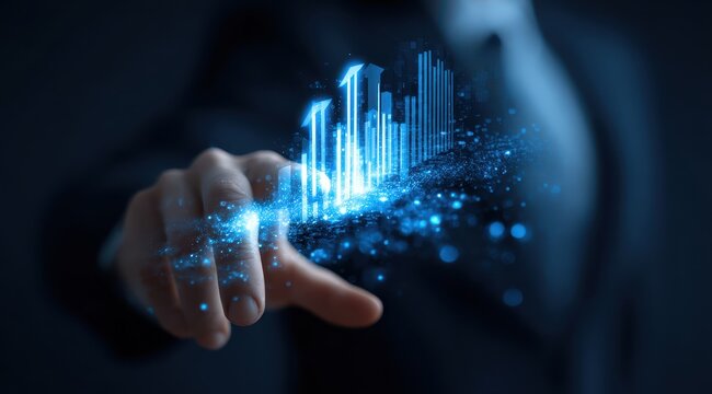Business hand interacting with a glowing, digital cityscape graphic