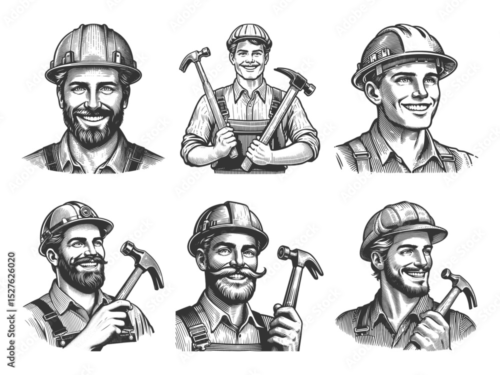 Poster construction worker in hard hat set collection bundle sketch engraving generative ai vector illustra