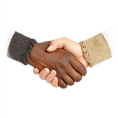 Interracial handshake shows equality and partnership on a white background.