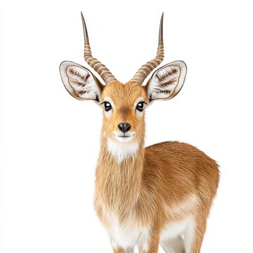 A cute young oribi antelope stands against a clean white studio backdrop.