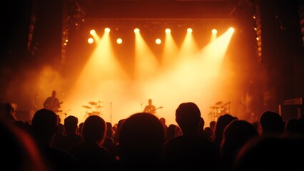A vibrant atmospheric concert scene with a crowd of people watching a live performance