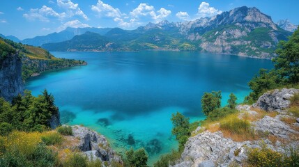 Serene alpine lake nestled amongst majestic mountains. Crystal-clear turquoise water meets rocky shoreline. Lush green vegetation frames the tranquil scene