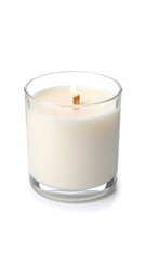 Lit Cream-Colored Candle in Clear Glass Jar on White Background