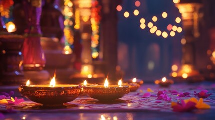 Beautiful Diwali decoration with traditional diya, illuminated background, vibrant lights, and festive ambiance.