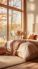 The autumn sun shines into the bedroom