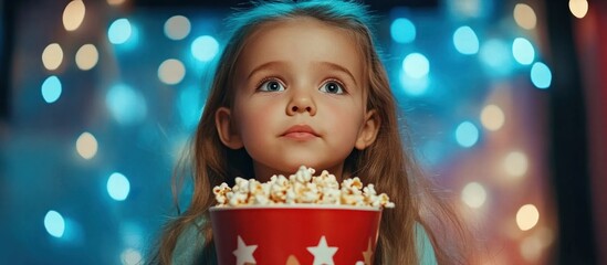 Beautiful little girl looking fascinated eating popcorn watching a movie at the local movie theatre snack bucket junk food tasty childhood entertaining