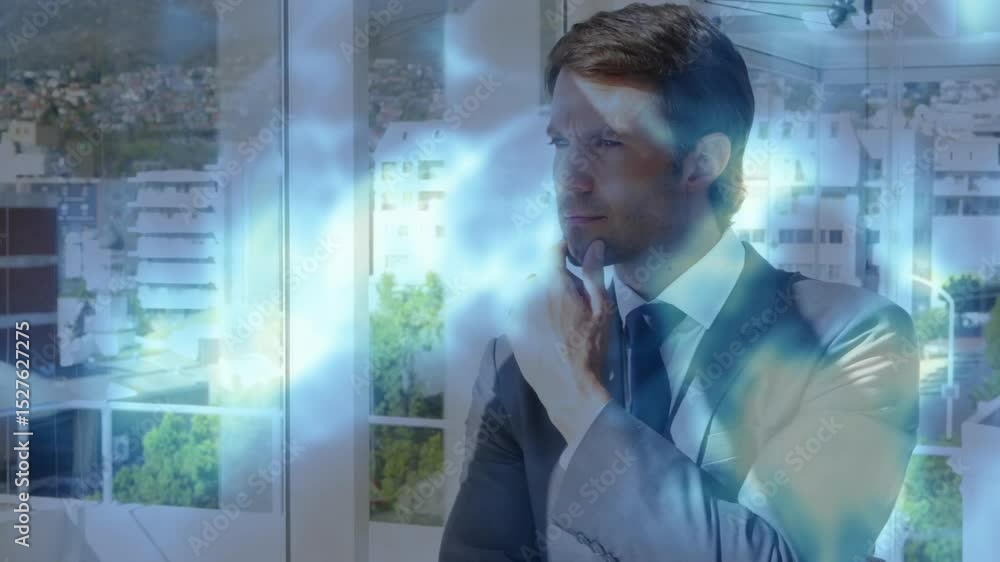 Poster business exec gazing out window initiating light patterns analyzing data across cityscape glass