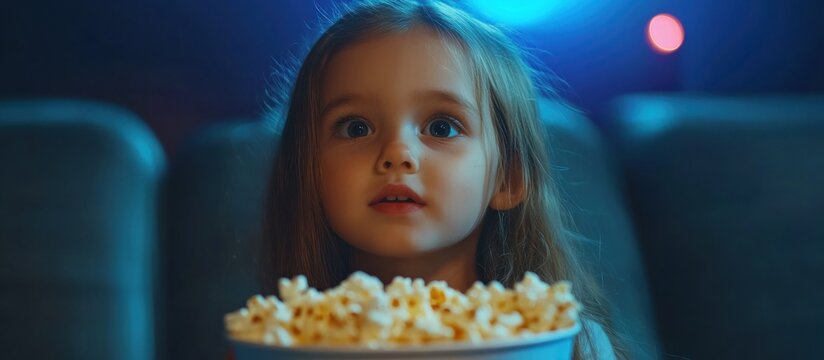 Beautiful little girl looking fascinated eating popcorn watching a movie at the local movie theatre snack bucket junk food tasty childhood entertaining