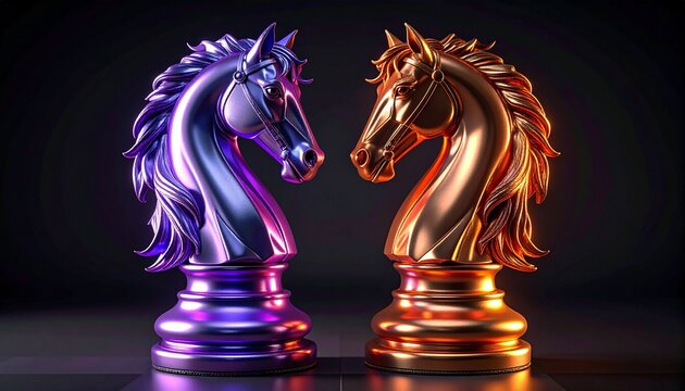 Purple and gold metallic knights isolated on a black background, chess pieces, horses, creative, problem solving, clever, tactic, outside the box, non-linear