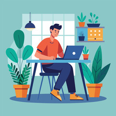 man in the office, man working on laptop, a man sitting a desk with a laptop