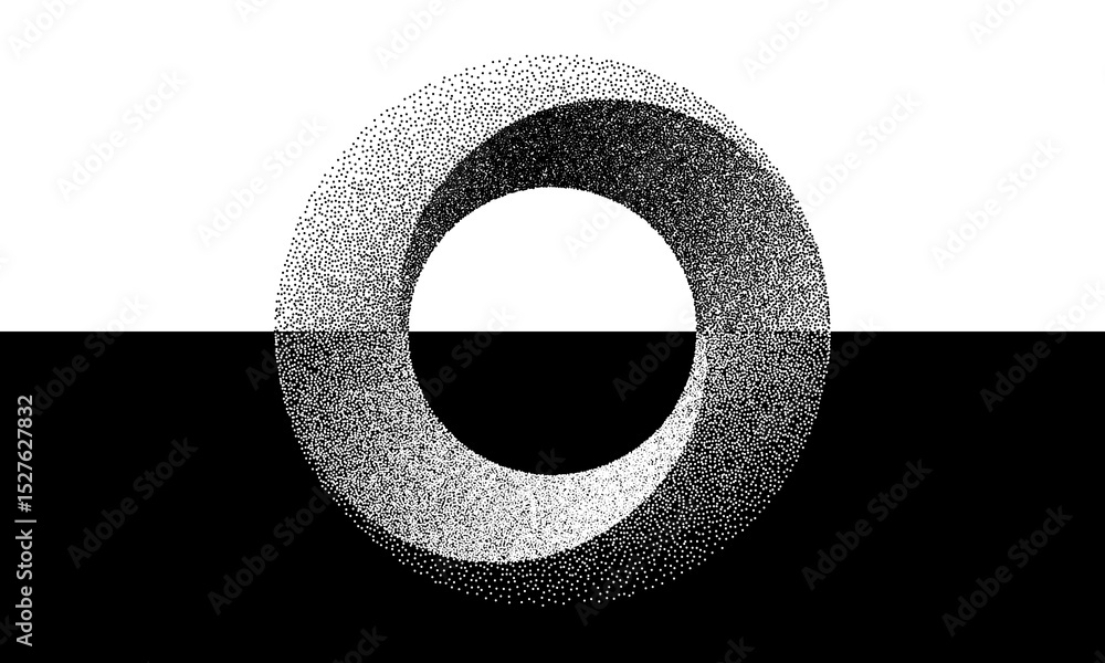 Poster Abstract art background with dotted circle. Stipple effect with chaotic noise in spiral. Day and Night concept. Black shape on a white background and the same white shape on the black side.