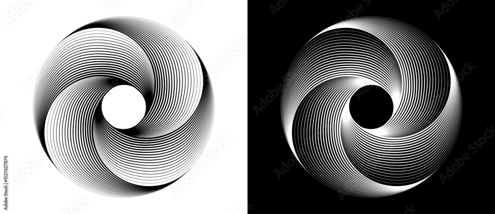 Leinwandbilder Lines in circle abstract background. Dynamic transition illusion. Black shape on a white background and the same white shape on the black side.