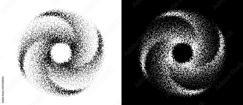 Poster Abstract art background with dotted circle. Stipple effect with chaotic noise in spiral. Black shape on a white background and the same white shape on the black side.