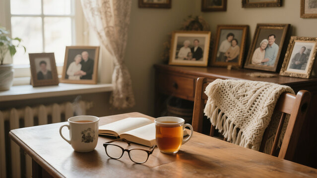 Warm cozy home scene: 2 tea cups on wood table, open book, reading glasses, crochet shawl on chair, vintage family photo in background. Love, nostalgia, comfort, care-filled atmosphere.