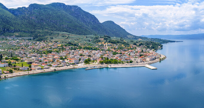 Aerial view of the village Agios Konstantinos, Central Greece, popular port for ferry boats traveling to the Sporades islands