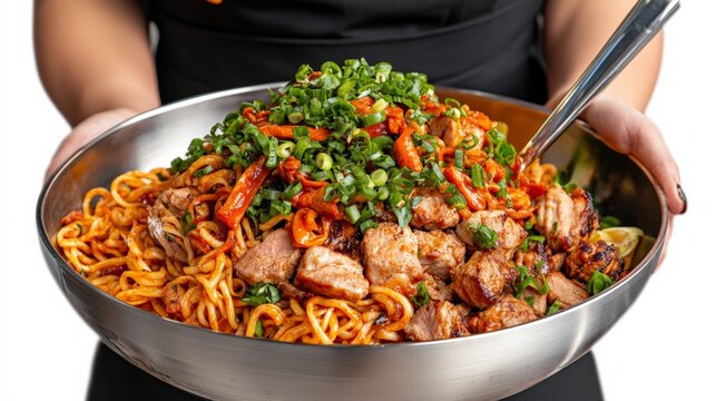 Woman holding a bowl of spicy stir-fried noodles with vegetables and meat - Powered by Adobe