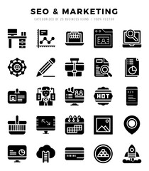 SEO & Marketing Icons Pack. Glyph icons set. Glyph icon collection set.