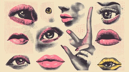 Big trendy halftone collage sticker set. Hand gestures, lips, eyes. Retro halftone template for banner, poster, card.