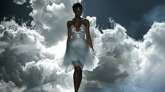 model walking the catwalk in smoke, fashion show, modeling agency, style industry, events