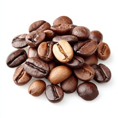 Obraz premium A pile of dark roasted coffee beans sits isolated on a plain white background.