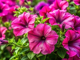Close-up images capture the breathtaking beauty of blooming pink petunias, vibrant summer flowers.