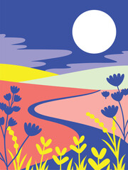 Obraz premium Vector illustration of a landscape with flowers and sun in the background.