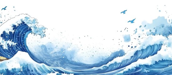 Blue brush stroke texture with Japanese ocean wave pattern in vintage style.