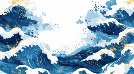 Blue brush stroke texture with Japanese ocean wave pattern in vintage style. Abstract art landscape banner design with watercolo